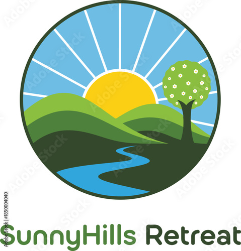 SunnyHills Retreat Logo with Sunrise Landscape and Tree Vector Illustration
