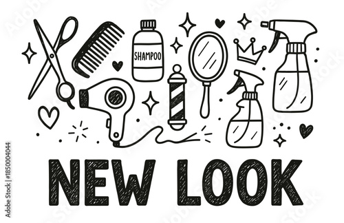 Artistic hair salon elements: scissors, comb, shampoo, and mirror icons for styling enthusiasts