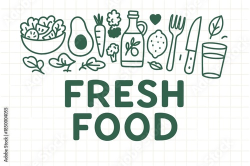 Fresh food and ingredients vector illustration with avocado, salad, and utensils