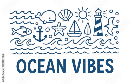 Nautical ocean vibes with marine icons and waves illustration