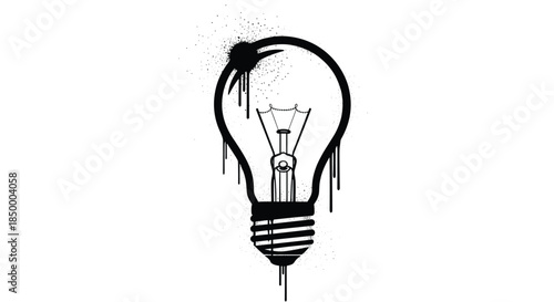 Graffiti style light bulb illustration in black and white features gritty textures and artistic dripping paint effects.
