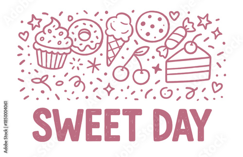 Colorful dessert doodles: cupcake, donut, ice cream, candy, cherry, cake