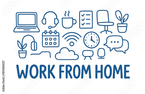 Work from home essentials: technology, comfort, and productivity icons
