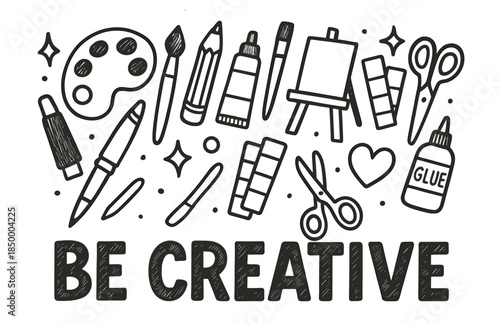 Creative art supplies illustration with brushes, palette, canvas, and glue