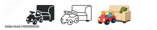 family life toddler ride on toy parked near sofa corner