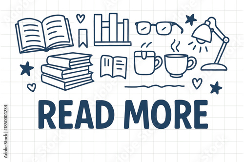 Creative doodle illustration encouraging reading with books and coffee icons