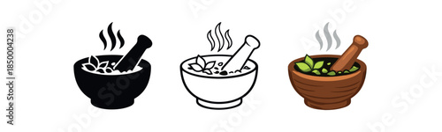 herbal apothecary pestle crushing herbs with steam aroma lines rising