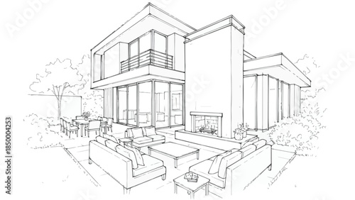 Modern luxury house with swimming pool and lounge area at sunset vector sketch