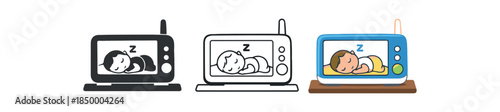 family life baby monitor screen on table showing sleeping child icon style