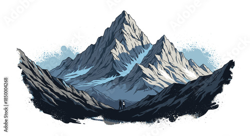 High mountain peak landscape with blue and white shading features two small figures trekking through the wilderness.