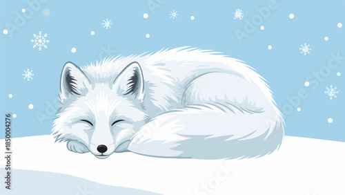 White fox resting in a snowy winter landscape with a light blue sky