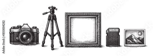 A collection of vintage photographic equipment and elements, including a camera, tripod, ornate frame, SD card, and a landscape picture, rendered in a classic woodcut style on a white background.