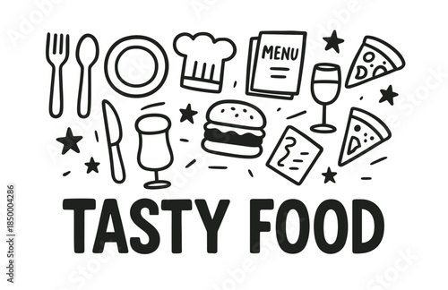 Delicious food icons: burger, pizza, and drinks with chef hat and menu