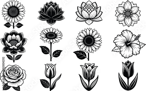 Floral silhouette set, twelve flower types, petal diversity, botanical design, black and white art, elegant motif, tattoo elements
