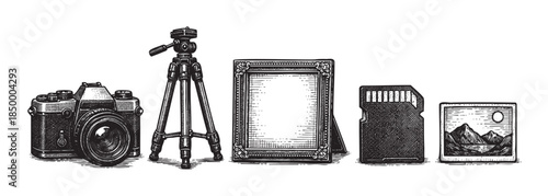 Black and white illustration of photography equipment including a vintage camera, tripod, ornate picture frame, memory card, and a landscape photograph.