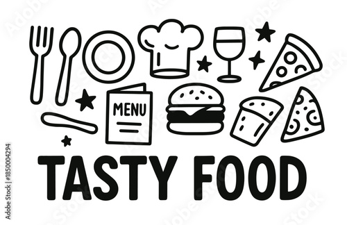 Iconic food elements: burger, pizza, wine, chef hat, dining tools