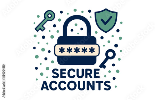 Secure accounts concept with padlock, keys, and shield icon for cybersecurity