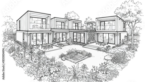 Modern duplex residential houses with garden and walkway vector sketch