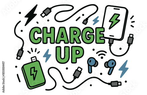 Colorful charging accessories with bold 'charge up' text and lightning icons