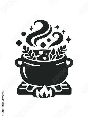 herbal apothecary boiling pot of herbs on stove releasing healing aroma