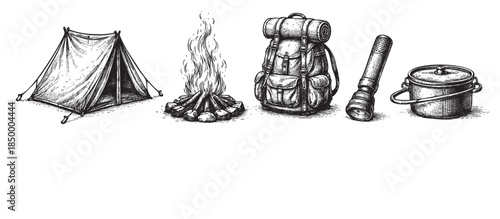 A vintage-style illustration features essential camping equipment including a tent, campfire, backpack, lantern, and pot, perfect for adventure and outdoor themes.