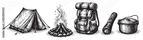 A detailed black and white sketch of camping essentials including a tent, campfire, backpack, flashlight, and cooking pot, perfect for outdoor adventure themes.