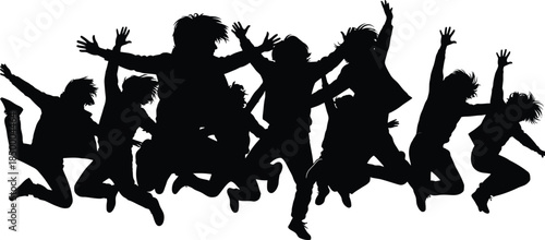 Silhouette of people jumping and celebrating together