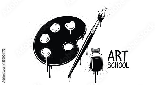 Creative art school concept features a palette with a brush and ink bottle shown in a gritty black and white style.