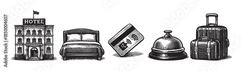 A vintage line art illustration depicts essential hotel services including a building, bed, key card, bell, and luggage against a white background.