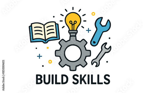 Build skills concept with tools, book, lightbulb, and gear icon