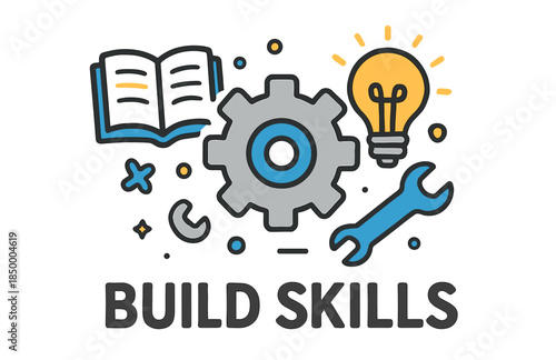 Build skills concept: gear, lightbulb, open book, tools in illustration