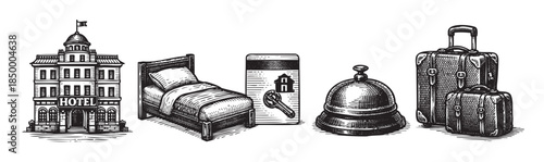 Vintage black and white illustration of hotel elements including a building, bed, key card, bell, and luggage, perfect for travel or hospitality themes.