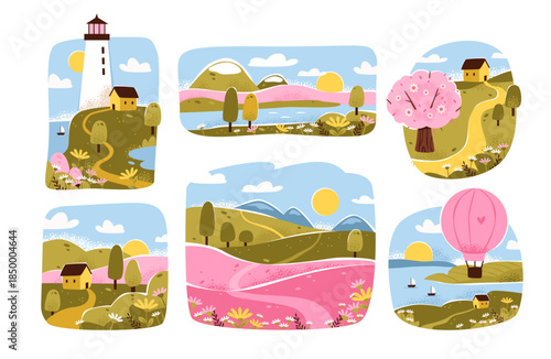 Whimsical Spring Landscapes with Countryside Views. Set of spring landscape featuring hills, cottages, lighthouse, hot air balloon, flowers. Cottagecore flat vector illustration.