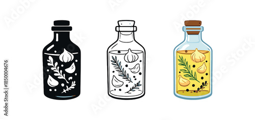 herbal apothecary herb infused vinegar bottle with floating garlic and herbs
