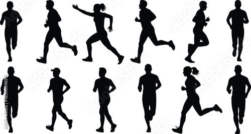 Silhouette of people running and jogging in various poses
