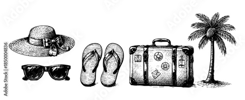 This vintage ink sketch depicts a collection of summer travel essentials including a straw hat, sunglasses, flip-flops, a suitcase adorned with stickers, and a palm tree.