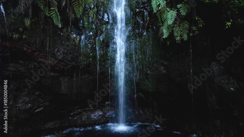 Serene Waterfall Cascading Through Lush Green Forest.