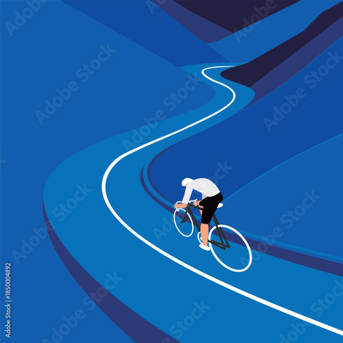 Cyclist riding a bicycle swiftly along a mountain road, in minimalist vector illustration style.