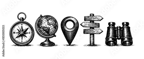 A vintage woodcut style illustration depicts a collection of travel and exploration tools including a compass, globe, map pin, directional signpost, and binoculars on a white background.