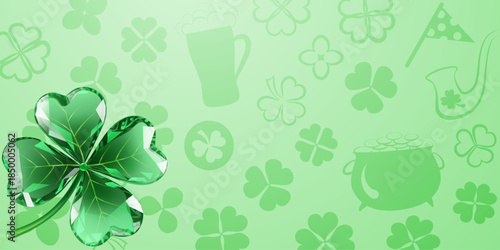 St Patricks Day themed illustration with green shamrocks, beer, and pot of gold on light green background.