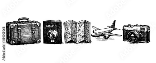 A vintage, hand-drawn illustration in black and white depicts essential travel items including a suitcase, passport, map, airplane, and camera, evoking a sense of adventure and nostalgia.