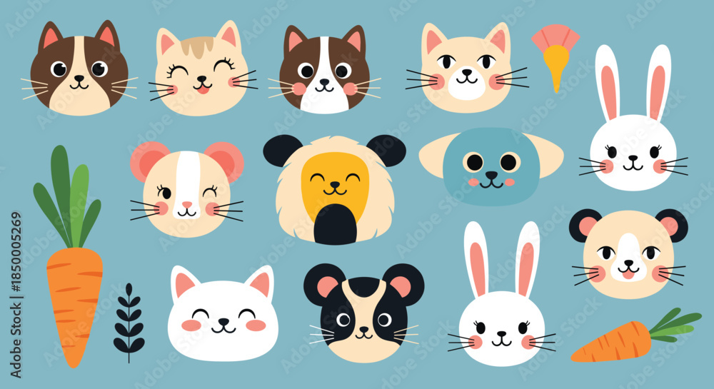 Obraz premium Grid of adorable animal face icons and carrots provides a charming selection of cartoon cats and bunnies for design.