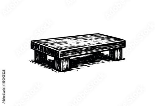 A simple black and white woodcut style illustration of a rectangular wooden stool with four legs on a white background, perfect for design elements and rustic concepts.
