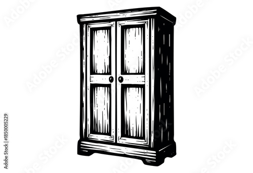 A stark black and white linocut style illustration of a vintage wardrobe, featuring double doors and a classic design, isolated on a white background.
