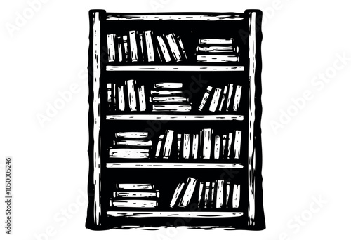 A graphic illustration of a black and white bookshelf stocked with various books on multiple shelves, perfect for concepts related to education, reading, or libraries.
