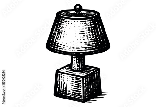 A classic black and white sketch of a vintage table lamp with a conical shade and a solid base, rendered in a scratchboard style, evoking a retro or artistic feel.