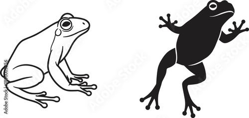 Frog silhouette and line drawing, climbing and crouching poses, black and white contrast, minimal art, dual style, motion study