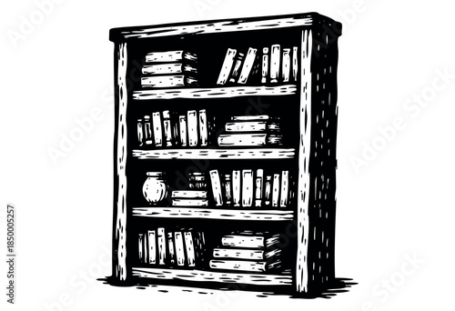 A stark black and white illustration of a wooden bookshelf filled with books and a decorative vase, evoking a classic or artistic feel.
