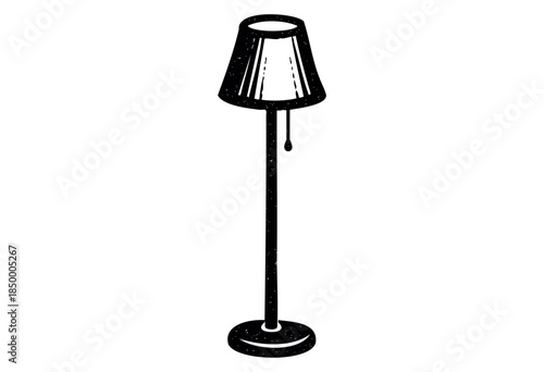 A simple black silhouette of a vintage floor lamp with a wide shade and a pull chain, set against a stark white background, evoking a retro or minimalist aesthetic.