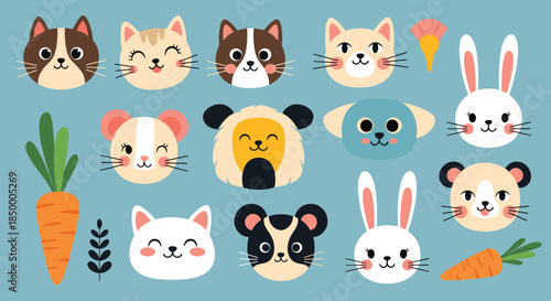 Grid of adorable animal face icons and carrots provides a charming selection of cartoon cats and bunnies for design.